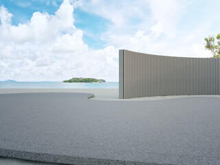 Empty gray concrete floor in sea view city park. 3d rendering of outdoor stage with beach and blue sky background.