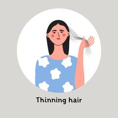 Woman holding long straight thin hair in hand. Beauty problem of thinning hair. Flat vector illustration