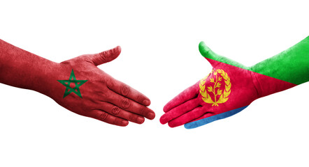Handshake between Eritrea and Morocco flags painted on hands, isolated transparent image.