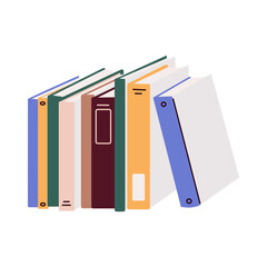 Stacks of books for reading, pile of textbooks for education. Set of literature, dictionaries, encyclopedias, planners with bookmarks. Colored flat vector illustration isolated on white background