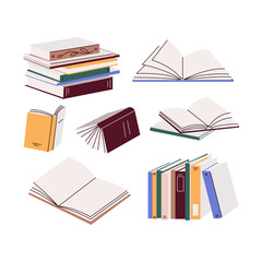 Stacks of books for reading, pile of textbooks for education. Set of literature, dictionaries, encyclopedias, planners with bookmarks. Colored flat vector illustration isolated on white background