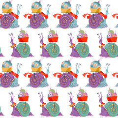 Snails carry baskets with Christmas balls. Seamless background pattern