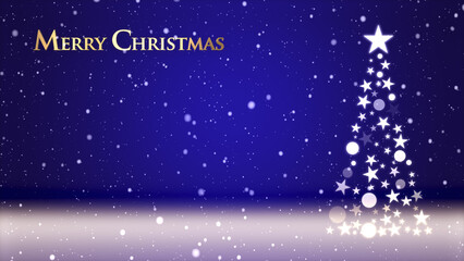 Fototapeta premium クリスマスツリーと色のついた背景に雪が舞い、クリスマスの文字