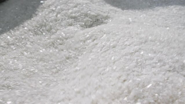 Prepared Plastic Raw Materials For Reuse Are Mixed In Production Mill Before Entering The Conveyor.