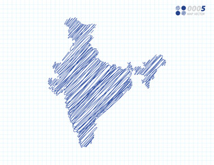 Blue vector silhouette chaotic hand drawn scribble sketch of India map on grid background.