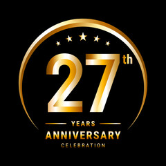 27th Anniversary, Logo design for anniversary celebration with gold ring isolated on black background, vector illustration