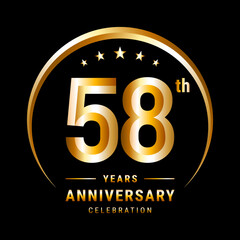 58th Anniversary, Logo design for anniversary celebration with gold ring isolated on black background, vector illustration