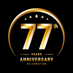 77th Anniversary, Logo design for anniversary celebration with gold ring isolated on black background, vector illustration