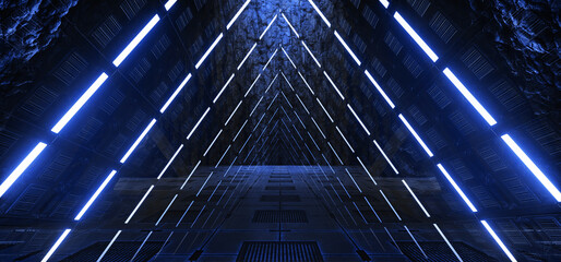 Neon Blue Cyber Sci Fi Futuristic Alien Bunker Spaceship Dark Metal Panels Glossy Realistic Tunnel Corridor Hallway Showroom Underground Hangar Garage 3D Rendering