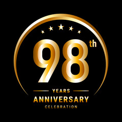 98th Anniversary, Logo design for anniversary celebration with gold ring isolated on black background, vector illustration