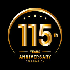 115th Anniversary, Logo design for anniversary celebration with gold ring isolated on black background, vector illustration