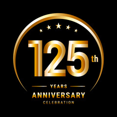 125th Anniversary, Logo design for anniversary celebration with gold ring isolated on black background, vector illustration