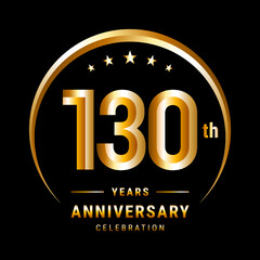 130th Anniversary, Logo design for anniversary celebration with gold ring isolated on black background, vector illustration