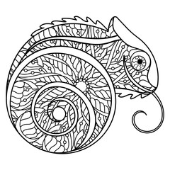 Chameleon. Antistress coloring page for Adult. Black and white hand drawn doodle illustration. Vector design, mandala style