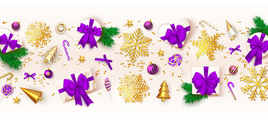 Christmas holiday background. Greet wallpaper of winter ornament elements violet and purple colors with gift box covered bows, golden snowflakes. Beautiful happy new year banner. Vector illustration