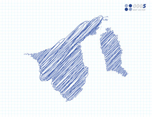 Blue vector silhouette chaotic hand drawn scribble sketch of Brunei map on grid background.