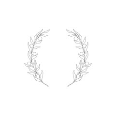 Olive branch wreath icon, continuous line drawing, tattoo, print for clothes and logo design, silhouette single line on a white background, isolated vector illustration.