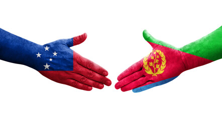 Handshake between Eritrea and Samoa flags painted on hands, isolated transparent image.