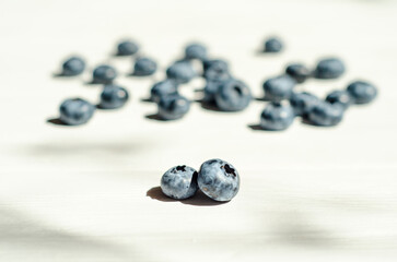 Fresh blueberry berries lie under the sunlight with shadows on a white wooden background. The topic of ecological, healthy and natural food, vegans. With copyspace