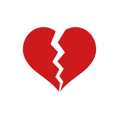 Red heartbreak or broken heart or divorce flat vector icon isolated on white background. Broken heart icon.