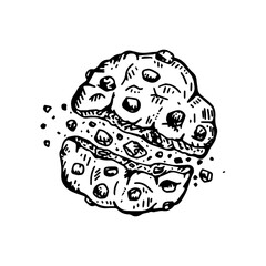 
Chocolate chips cookie.
Hand drawn sketch two halves of cookie with crumbs.