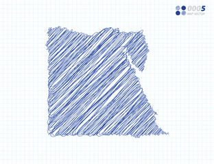 Blue vector silhouette chaotic hand drawn scribble sketch of Egypt map on grid background.