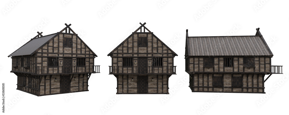 Poster Medieval timber framed house shown from three different angles. 3D rendering isolated on a transparent background.