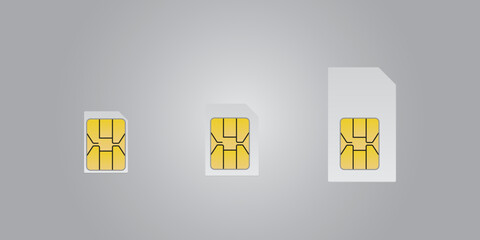 Realistic mockup of nano, micro, and standard SIM card vector illustration editable on grey background. New chip mobile cellular communication technology.
