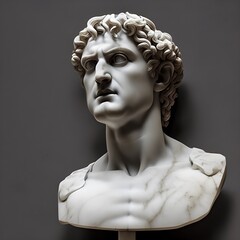 3D illustration of an ancient Roman or Greek god statue bust in chiseled white marble. - obrazy, fototapety, plakaty