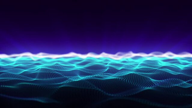 Dynamic wave of glowing particles. Abstract digital background. Data flow information. Concept of digital communication. Big data visualization. 3D rendering. 4k animation.