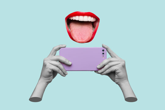 Mobile phone with photo camera in female hands taking picture and woman's mouth with red lips showing tongue on blue background. 3d trendy collage in magazine style. Contemporary art. Modern design