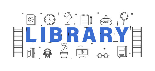 Blue word LIBRARY on white background