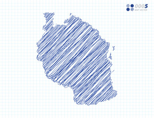 Blue vector silhouette chaotic hand drawn scribble sketch of Tanzania map on grid background.