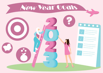 Women with ladder, figure 2023 and notebook on pink background. Concept of new year goals