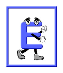 A 3D rendered illustration of the alphabet letter E decorated with cartoon eyes, hands, and feet, in a frame and isolated on a white background.
