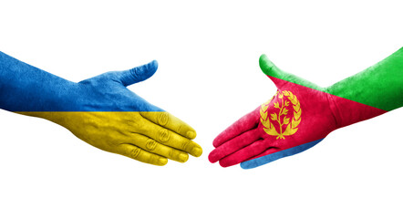 Handshake between Eritrea and Ukraine flags painted on hands, isolated transparent image.