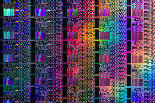 Silicon semiconductor wafer in rainbow light, macro shot showing components of process equipment processor chips