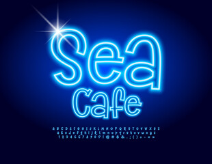 Vector trendy logo Sea Cafe with Blue neon Font. Electric Alphabet Letters, Numbers and Symbols set