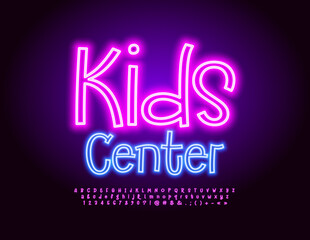 Vector neon emblem Kids Center. Artistic glowing Font. Cute style Alphabet Letters, Numbers and Symbols set