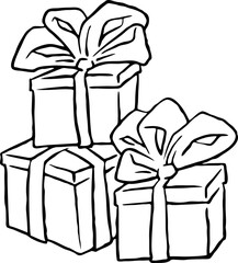 Gift box with bow, hand drawn illustration. Cartoon style vector drawing. Decorative element for poster print, Christmas party, birthday, wedding celebration, anniversary event, sale discount.