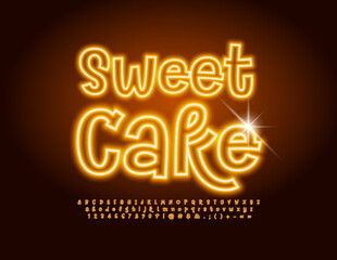 Vector glowing Emblem Sweet Cake. Funny Neon Font. Creative Alphabet Letters, Numbers and Symbols set. 