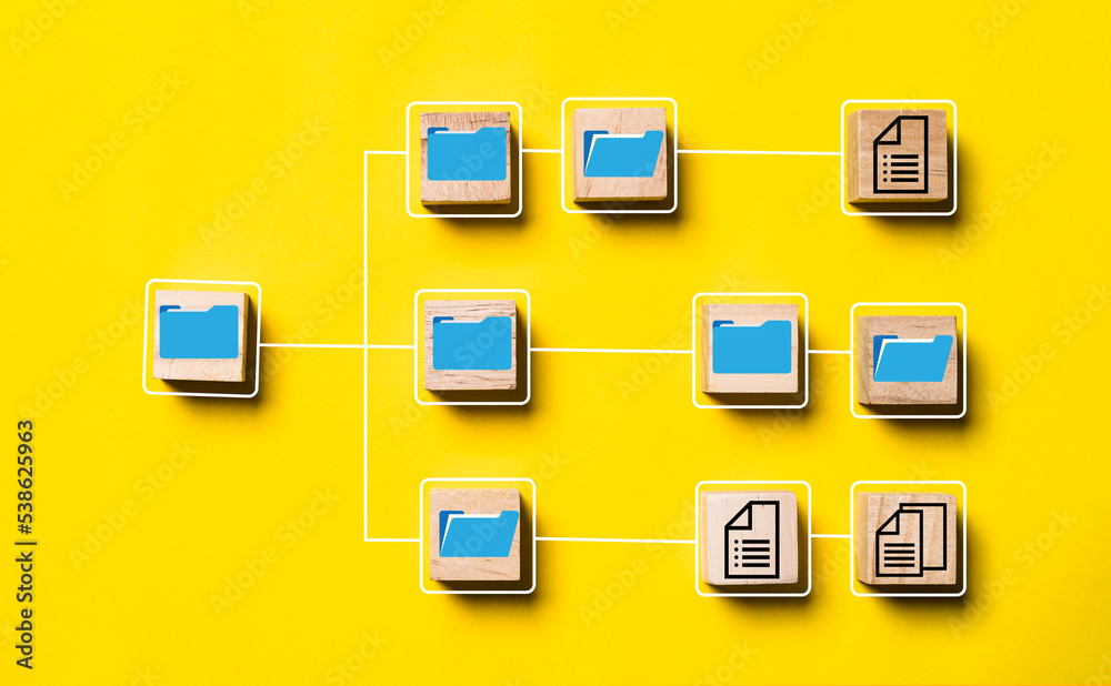 Aufkleber Blue folder and document icon print screen on wooden block cube and flow diagram for document management system concept.