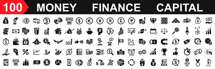 Money set icons. Set of coins, dollar, banking credit card payment, currency exchange, cashback, wallet, money service, capital increase, savings accumulation, dollar rate increase – vector
