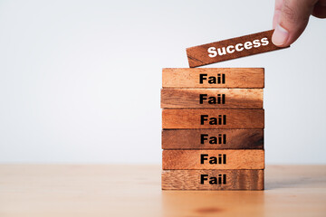 White success wording stacking on top of many fail wording for positive mindset and effort can make successful concept.