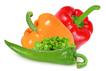 Green, red and orange peppers on an isolated white background. Different types of pepper