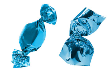 Two blue wrapped candy isolated on a white background
