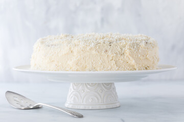 A white frosted coconut covered cake, ready for serving.