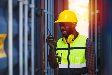 customs shipping staff worker working at cargo port container ship yard with radio control