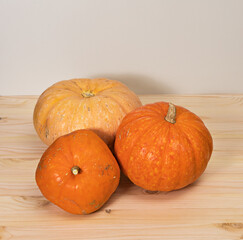 Three yellow-orange pumpkins on a light wooden table, Halloween concept and autumn pumpkin harvest, farm product