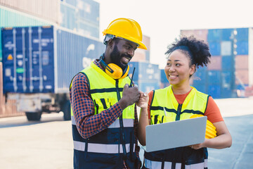 African worker people teamwork happy working together in port cargo shipping industry loading...